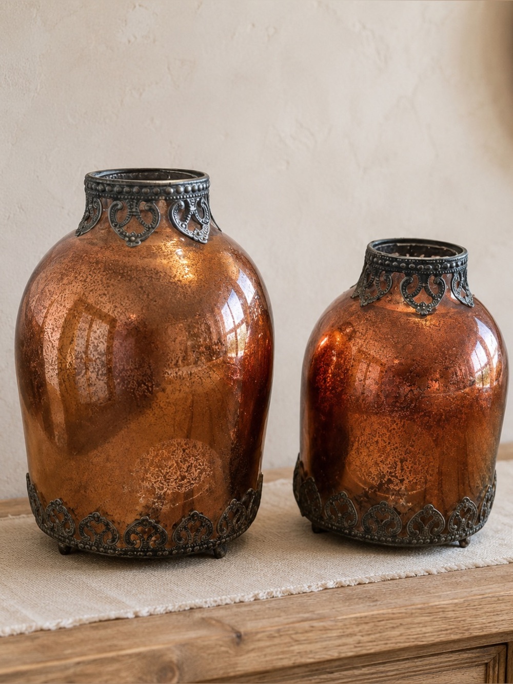 Set of 2 Amber Mercury Glass Candle Holders Boho Moroccan Metal Trim Vases